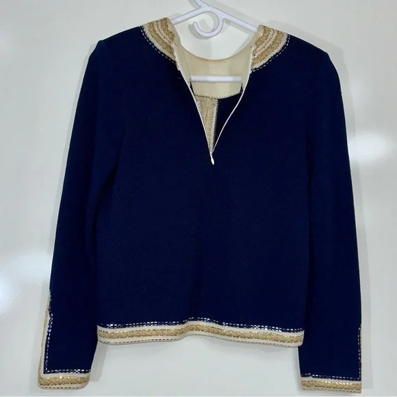 St John Evening Blue And Metallic Gold Embroidered Knit Sweater - Picture 5 of 16